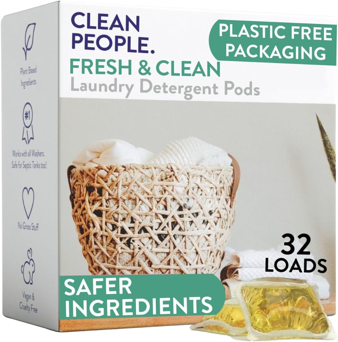The Clean People Laundry Detergent Pods - Hypoallergenic Laundry Pods - Ultra Concentrated, Recyclable Packaging, Stain Fighting - Fresh Scent, 32 Pack