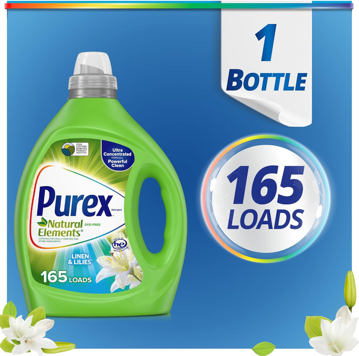 Purex Liquid Laundry Detergent, Ultra Concentrated, Natural Elements Linen & Lilies, 82.5 Ounce, 165 Loads