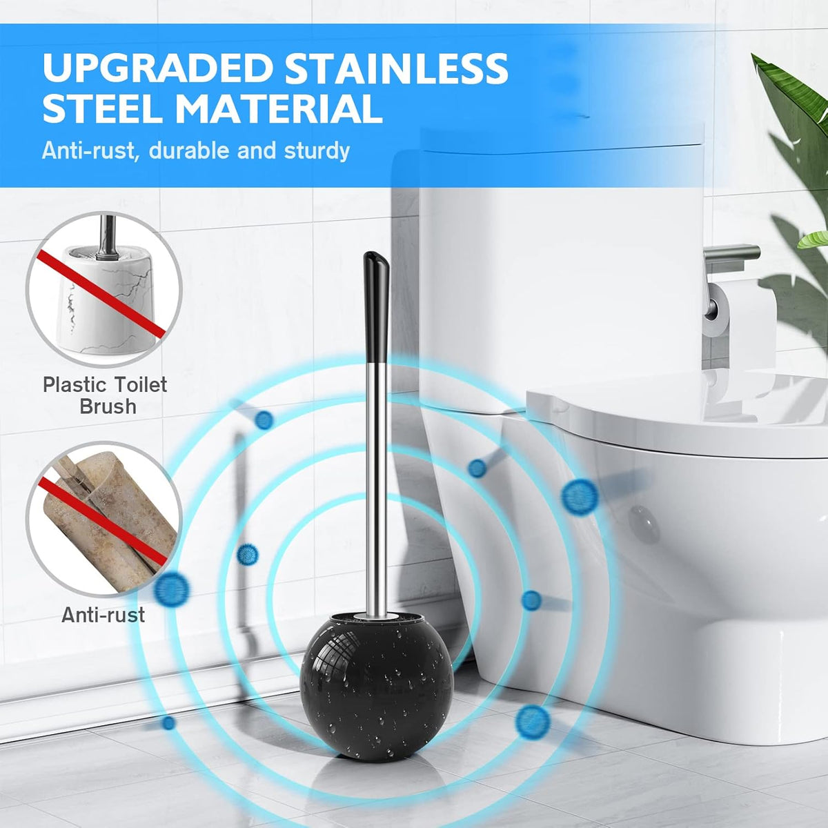 Toilet Brush and Holder 2 Pack, 304 Stainless Steel Toilet Brush with Extended and Durable Comfortable Brush Handle, Toilet Bowl Brush for Bathroom Toilet - Ergonomic, Pratical Durable (Black)