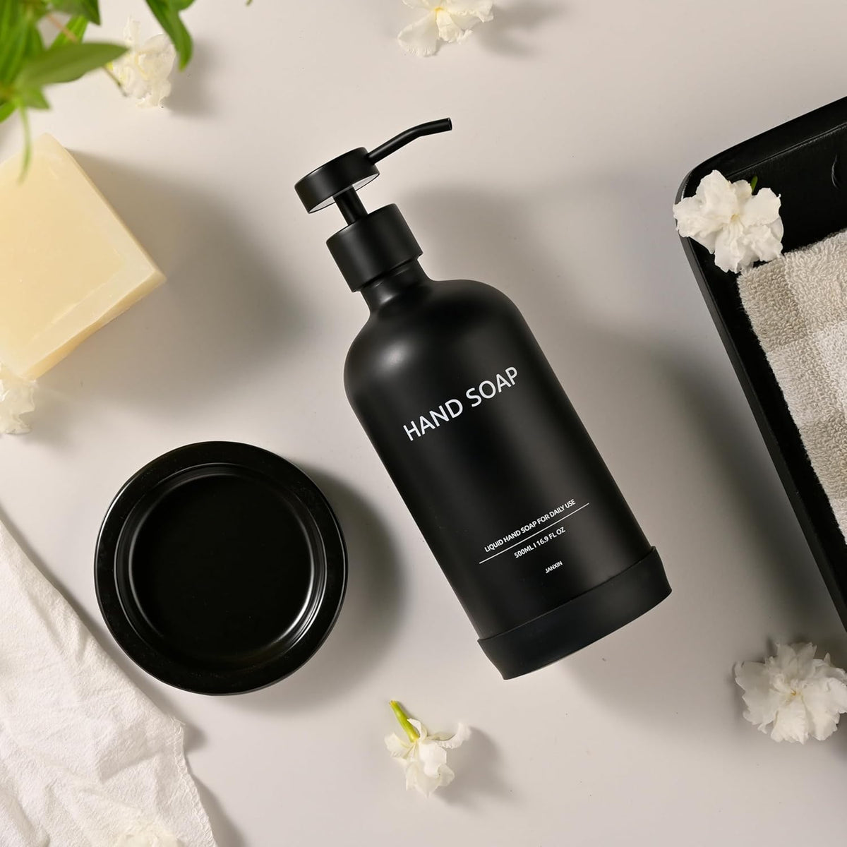 Glass Soap Dispenser Set by Janxin,Bathroom Soap Dispenser Set with Ceramic Tray,Luxury Bathroom Accessories,Modern Kitchen Decor (Black(Hand Soap))