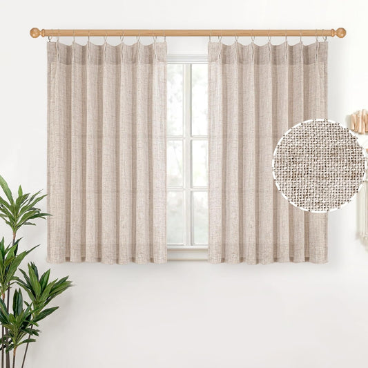 YoungsTex Natural Linen Curtains 40 Inch Length for Kitchen Window, Short Semi Sheer Drapes Light Filtering for Cafe Bathroom Window, 2 Panels, 40 X 40 Inch