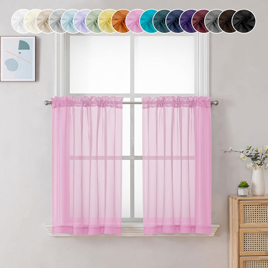 Chyhomenyc Sheer Pink Tier Curtains 24 Inch Length, Small Window Curtains Treatment for Bathroom Living Room Basement, Short Rod Pocket Cafe Curtain, 42W x 24L Inches, 2 Panels