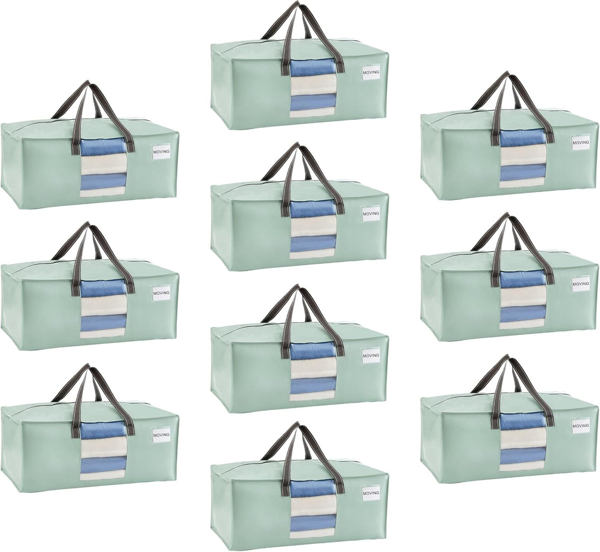 VENO 10 Pack Moving Bags for College, Heavy-Duty Storage Totes, Moving Boxes and Wardrobe Packing Supplies Alternative - Extra Large Durable Laundry Bags for Clothes (Shiny Light Green, 10 Pack)
