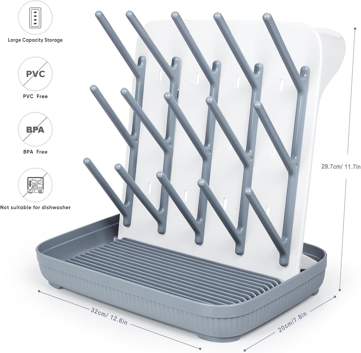 Termichy Baby Bottle Drying Rack: Large Vertical Bottle Dryer Rack Holder - Space Saving Standing Drying Rack for Baby Bottles and Pump Part Cleaning (Gray)