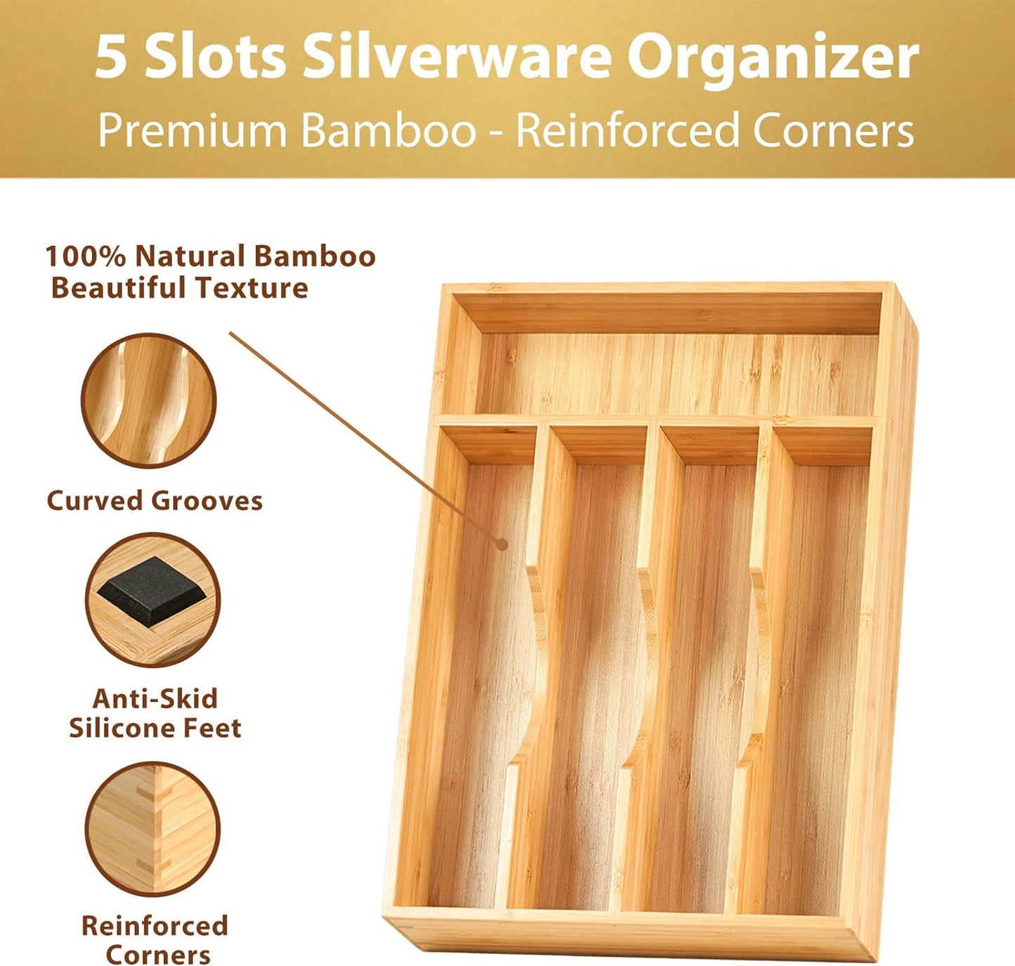 Umilife Bamboo Kitchen Drawer Organizer, 8.25 Inch Silverware Utensils Tray Holder for Small Drawer, Wood Caddy for Flatware Cutlery Knives