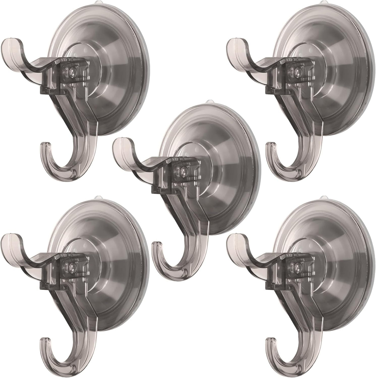 Antimbee Suction Hooks, 5 Pack Clear Hanger, Removable Small Suction Cups for Shower, Bathroom, Glass, Door, Windows, Kitchen - Up to 11 lbs on Smooth Surface - 2 Hooks Design (Transparent Gray)