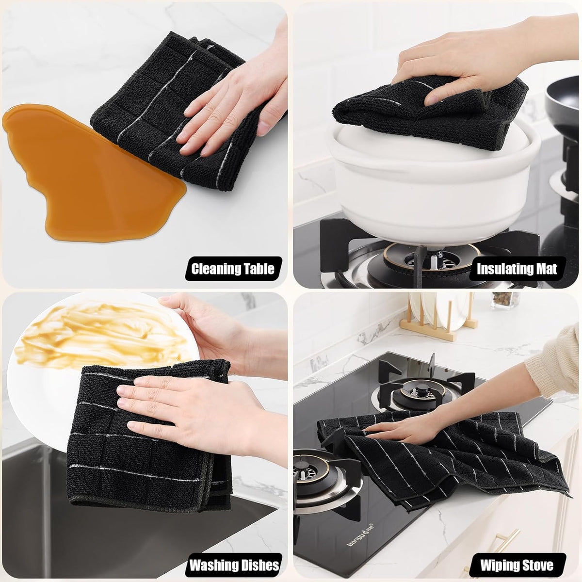 Homaxy Microfiber Kitchen Towels and Dishcloths Set, 12 Pack Soft and Absorbent Dish Hand Towels Bulk, 28 x 16 Inch & 12 x 12 Inch Quick Drying Rags for Washing Dishes, Black