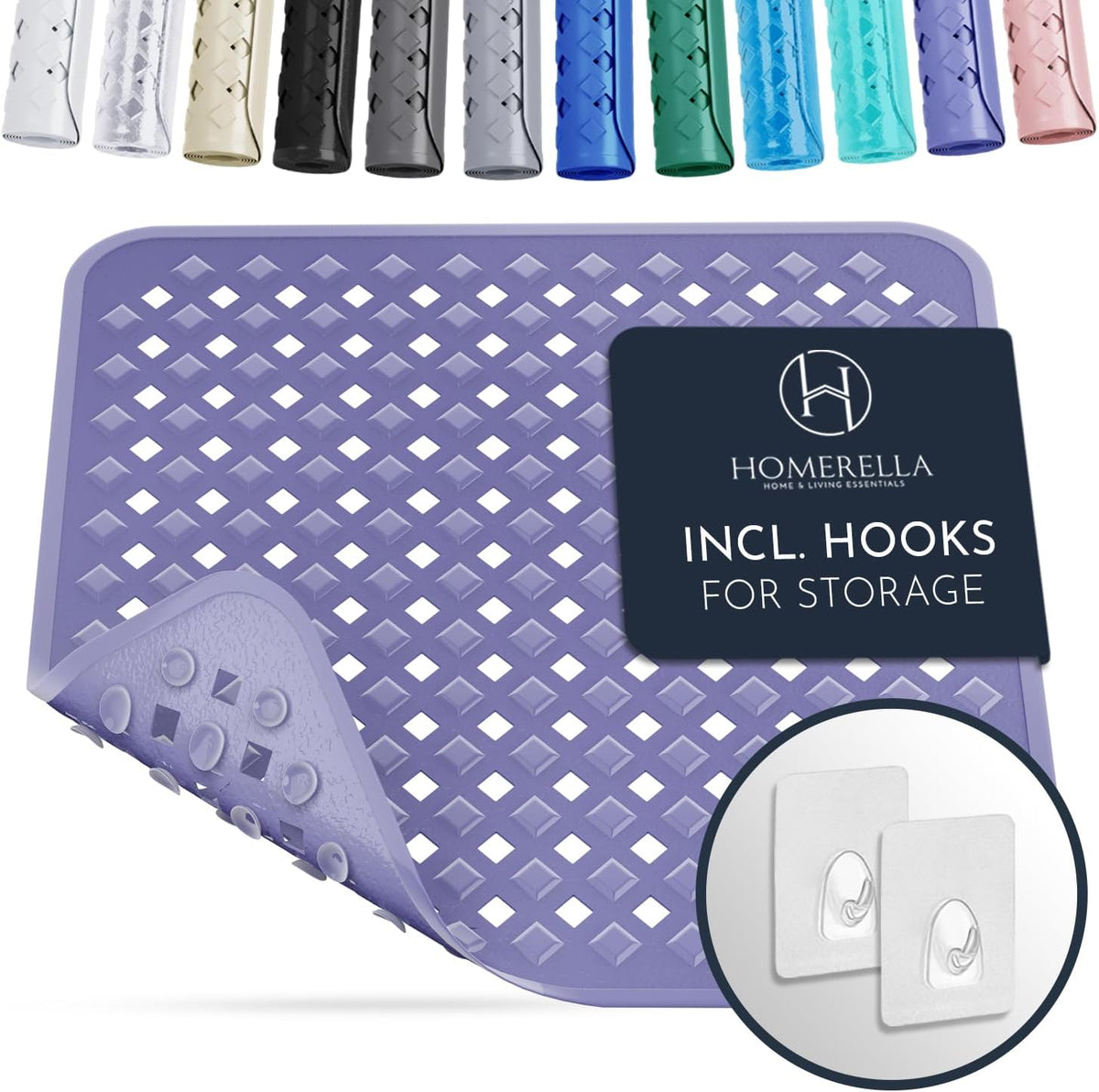 Homerella Anti Slip Shower Mat | Anti Mold Non Slip Bathtub Mat for Inside Shower | Square Floor Shower Mat 21 x 21 inch with Suction Cups for Grip & Hooks Hanging and Quick Drying | Machine Washable