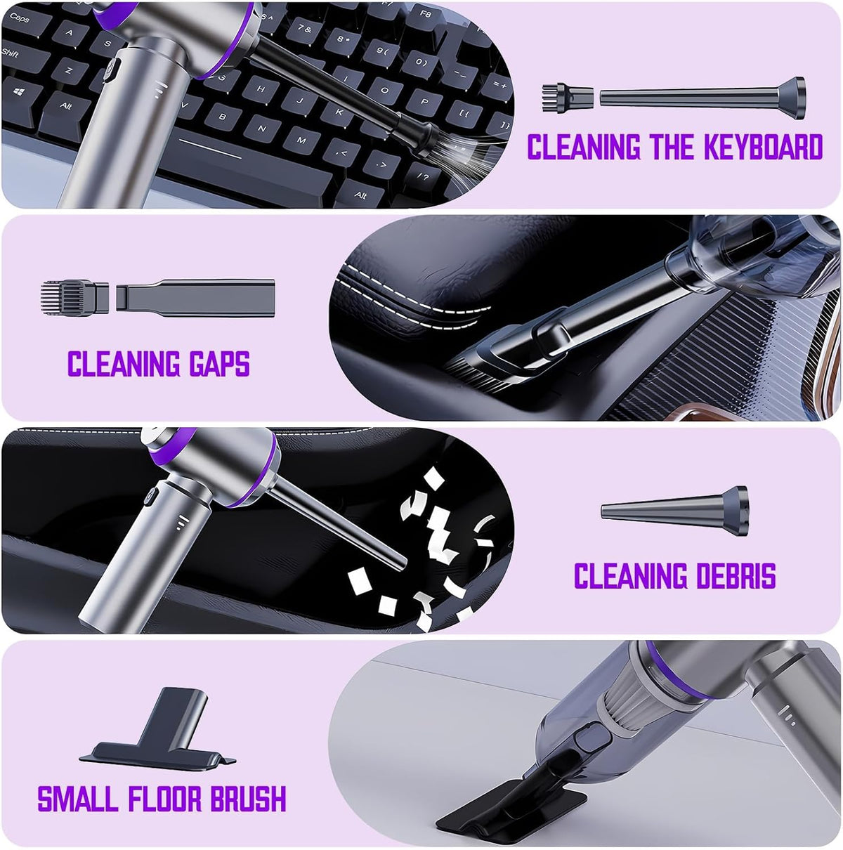 Mini Cordless Handheld Car Vacuum Cleaner/Air Duster/Blower/Hand Pump, 21000 PA High Power Brushless Motor, Portable Keyboard Vacuum Cleaner with Multi-Nozzles for Home, Office, Computer(Purple)