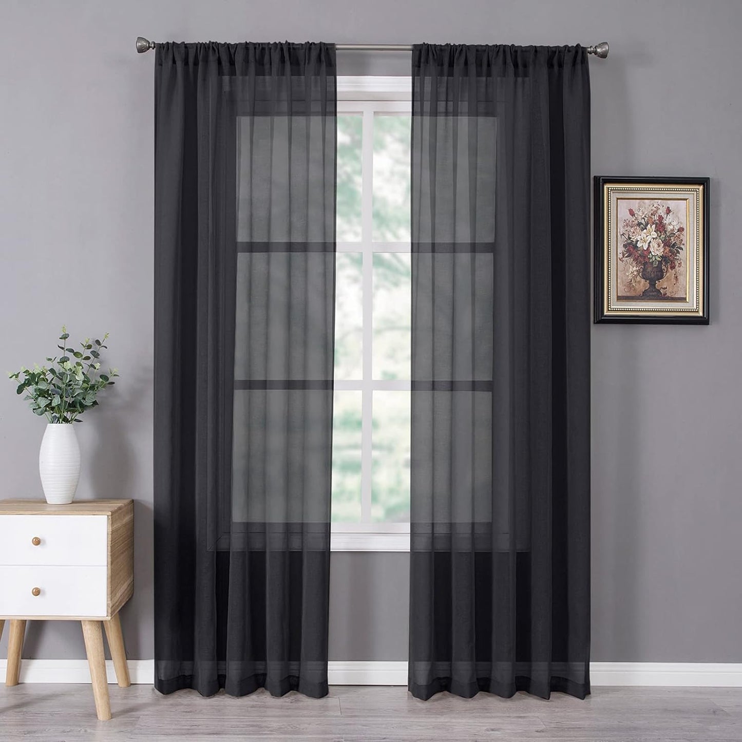 Tollpiz Sheer Curtains Linen Textured Bedroom Curtain Sheers Light Filtering Rod Pocket Voile Curtains for Living Room, 54 x 84 inches Long, Black, Set of 2 Panels