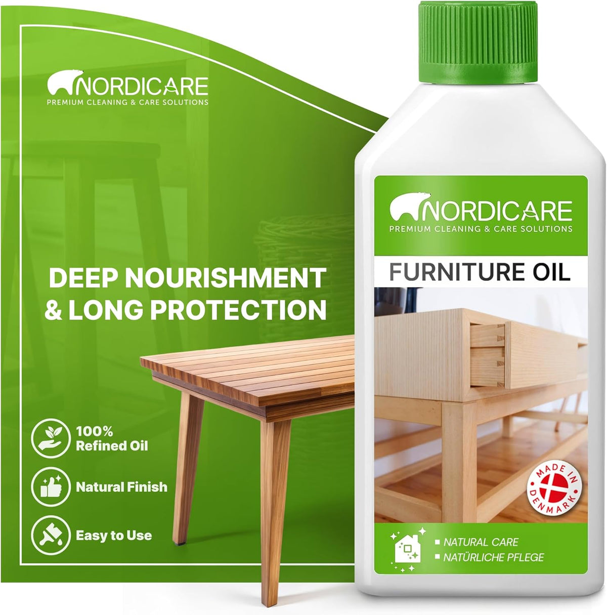 Nordicare Wood Oil Colorless - Premium Walnut Oil, Teak Oil, Wood Oil Furniture for Oak, Beech, Teak, Walnut, Pine, Larch - Natural Furniture Wood Oil - Made in Denmark - for Indoor Use (9.3 oz)