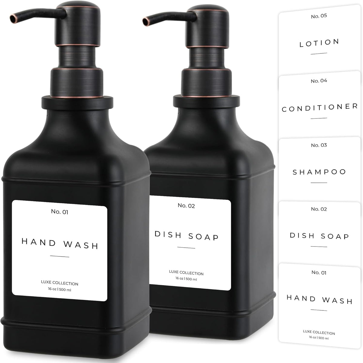 Emerson Essentials Soap Dispenser, Dish Soap Dispenser, Soap Bottle Farmhouse - Hand Soap Dispenser, Kitchen Soap Dispenser Set - Glass Soap Dispenser with Pump and Labels, 16 Oz, 2 Pack