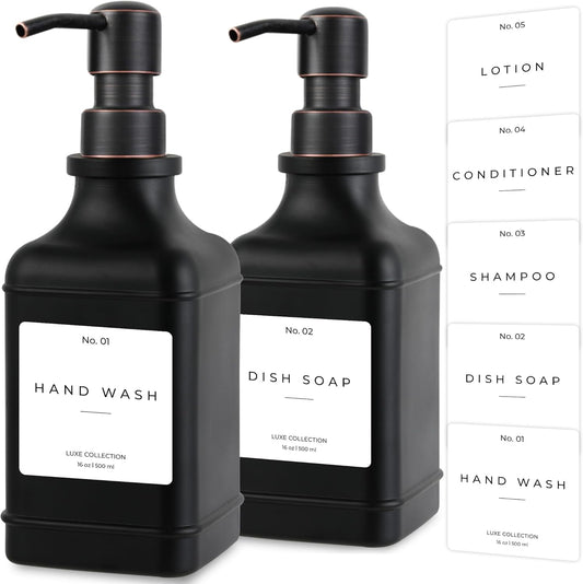 Emerson Essentials Soap Dispenser, Dish Soap Dispenser, Soap Bottle Farmhouse - Hand Soap Dispenser, Kitchen Soap Dispenser Set - Glass Soap Dispenser with Pump and Labels, 16 Oz, 2 Pack