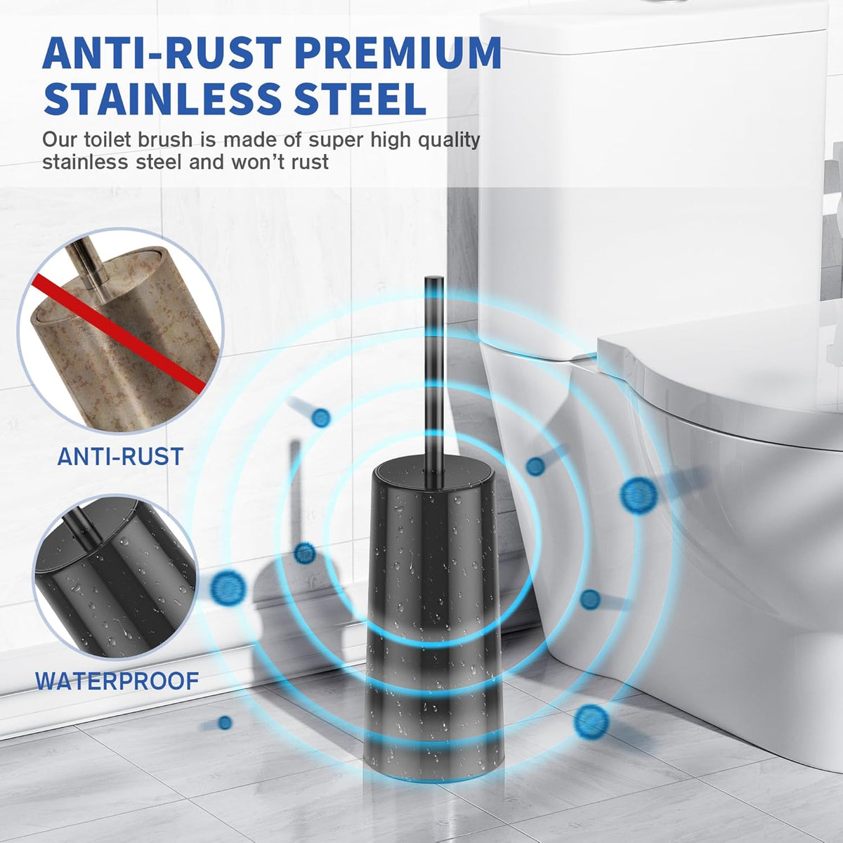 Toilet Brush and Holder, Toilet Brush Stainless Steel, Toilet Bowl Brush for Bathroom Toilet-Ergonomic, Elegant,Durable (Black)