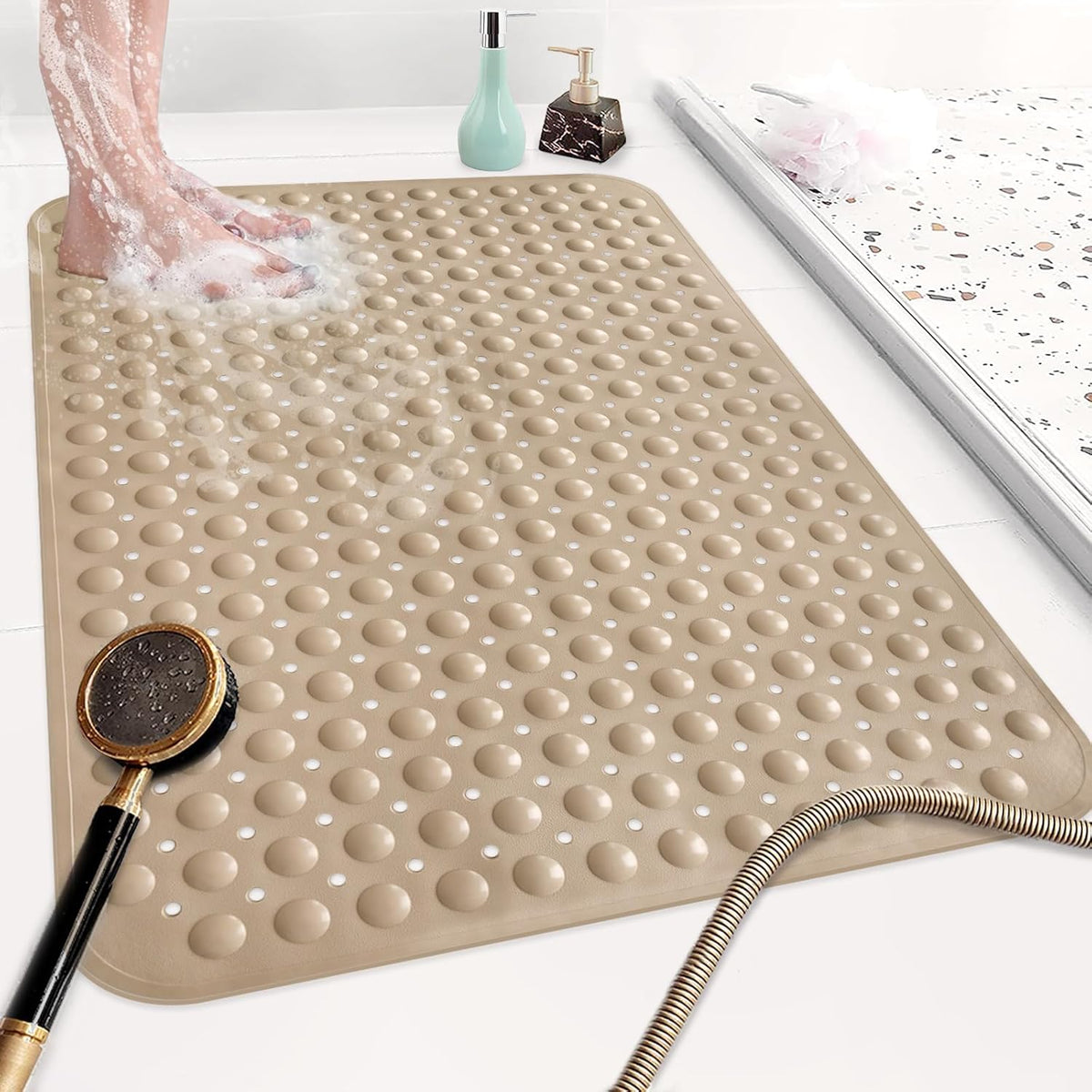 Shower Mat Non Slip: 35.4 x 23.6 Inch Extra Large TPE Shower Mats for Inside Shower - Anti Slip Shower Stall Matt with Drain Hole and Suction Cups for Elderly