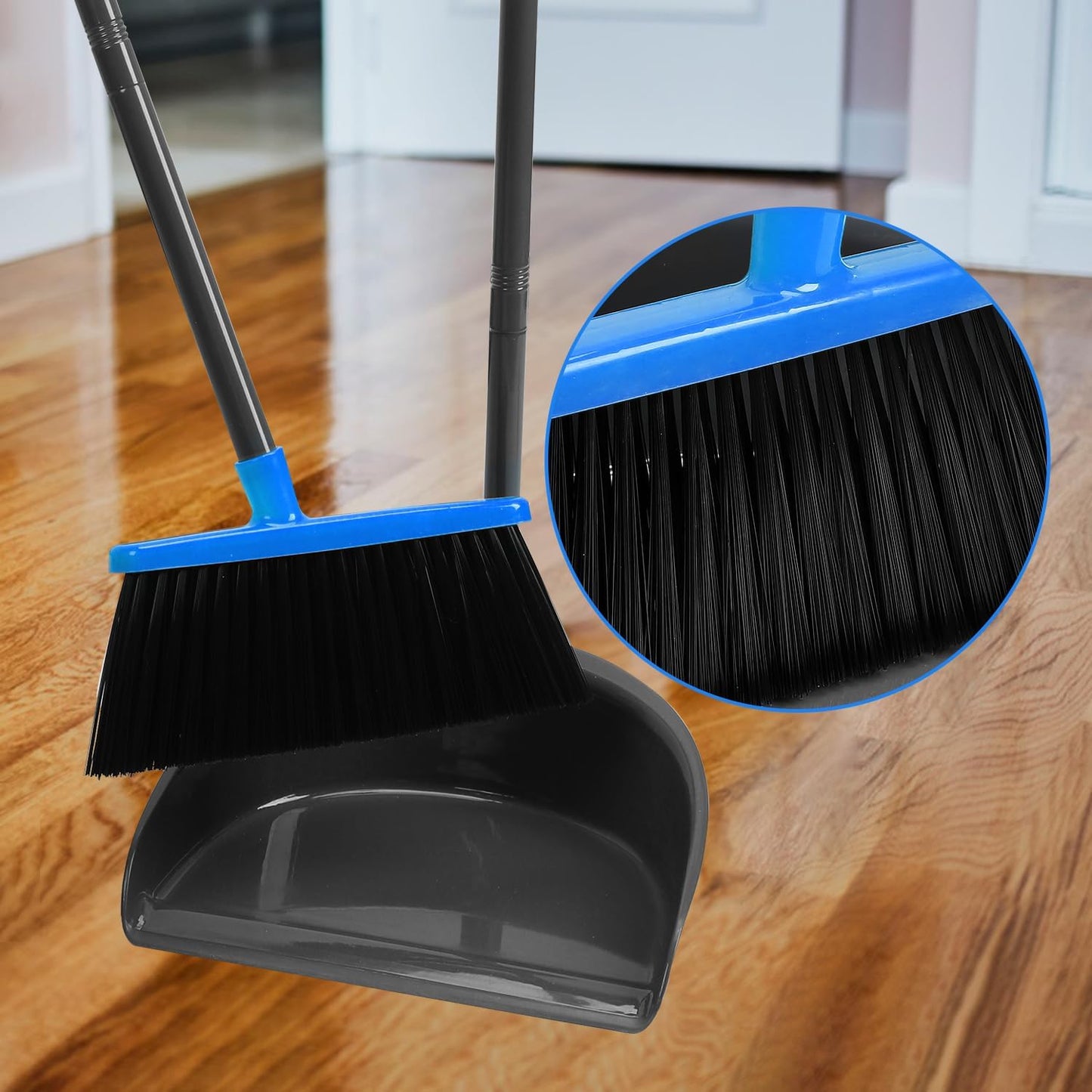 Broom and Dustpan Set ，Long Handle Broom with Upright Standing Dust pan for Indoor Outdoor Home Kitchen Office Floor Cleaning