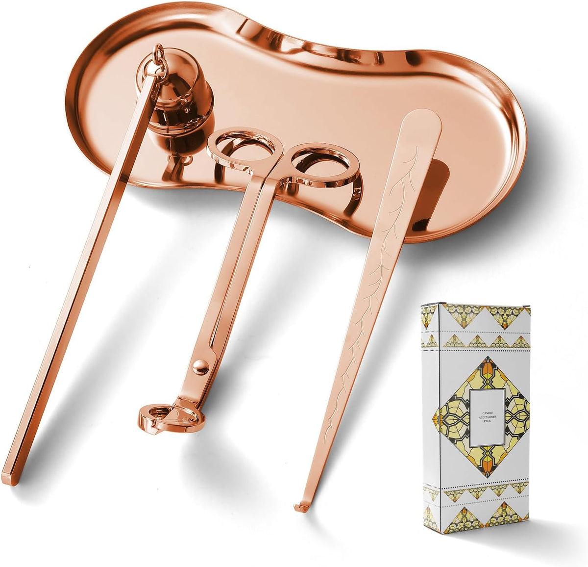 PATOISE 4 in 1 Candle Accessory Set, Candle Wick Trimmer Cutter Mini, Candle Snuffer, Candle Wick Dipper, Tray Holder in Gift Package for Candle Aromatherapy Lovers(4PCS Rose Gold)