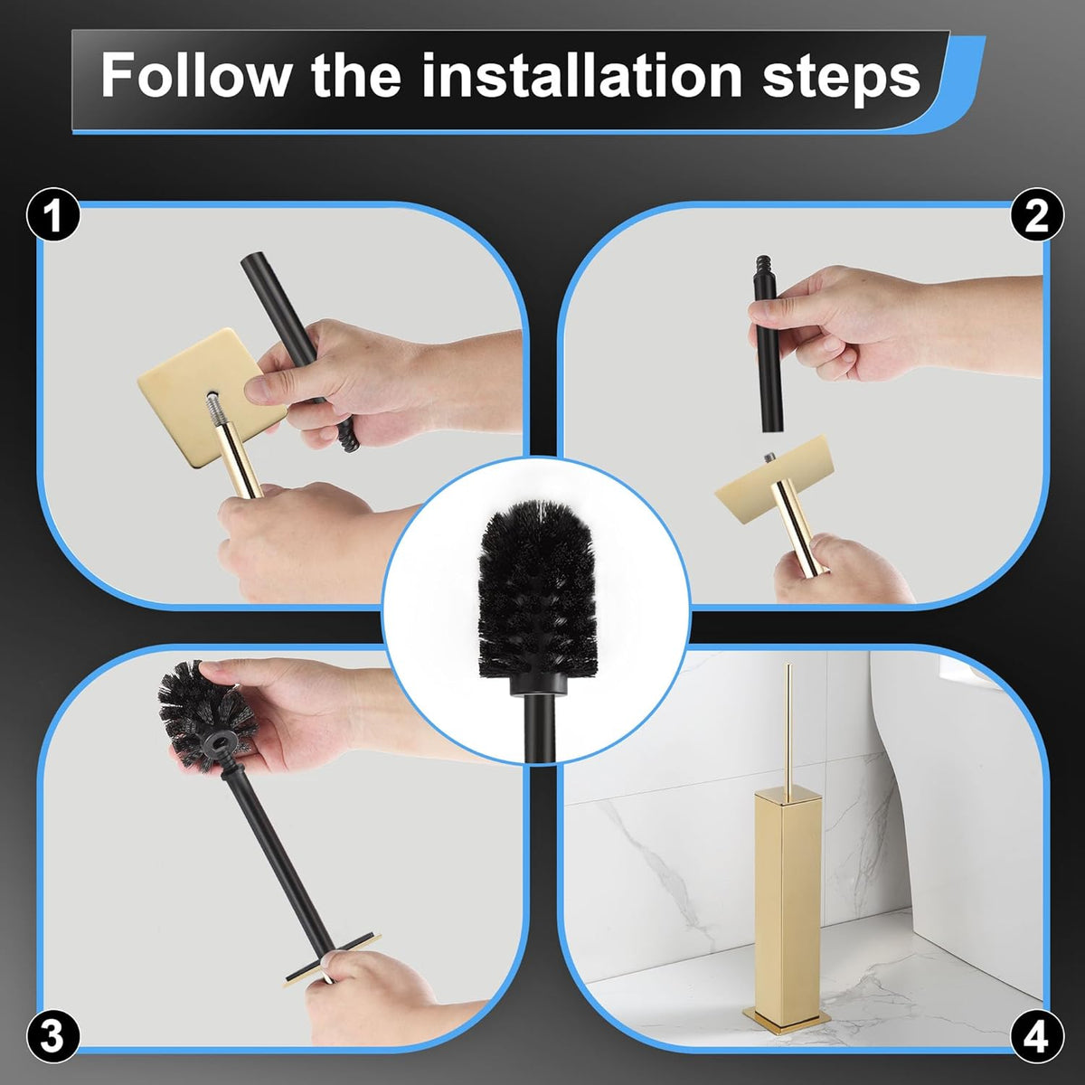 BVL Toilet Brush and Holder Set Gold Stainless Steel 304 Square Freestanding Toilet Brush for Bathroom