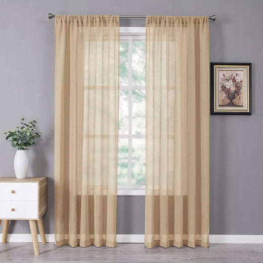 Tollpiz Sheer Curtains Linen Textured Bedroom Curtain Sheers Light Filtering Rod Pocket Voile Curtains for Living Room, 54 x 84 inches Long, Beige, Set of 2 Panels