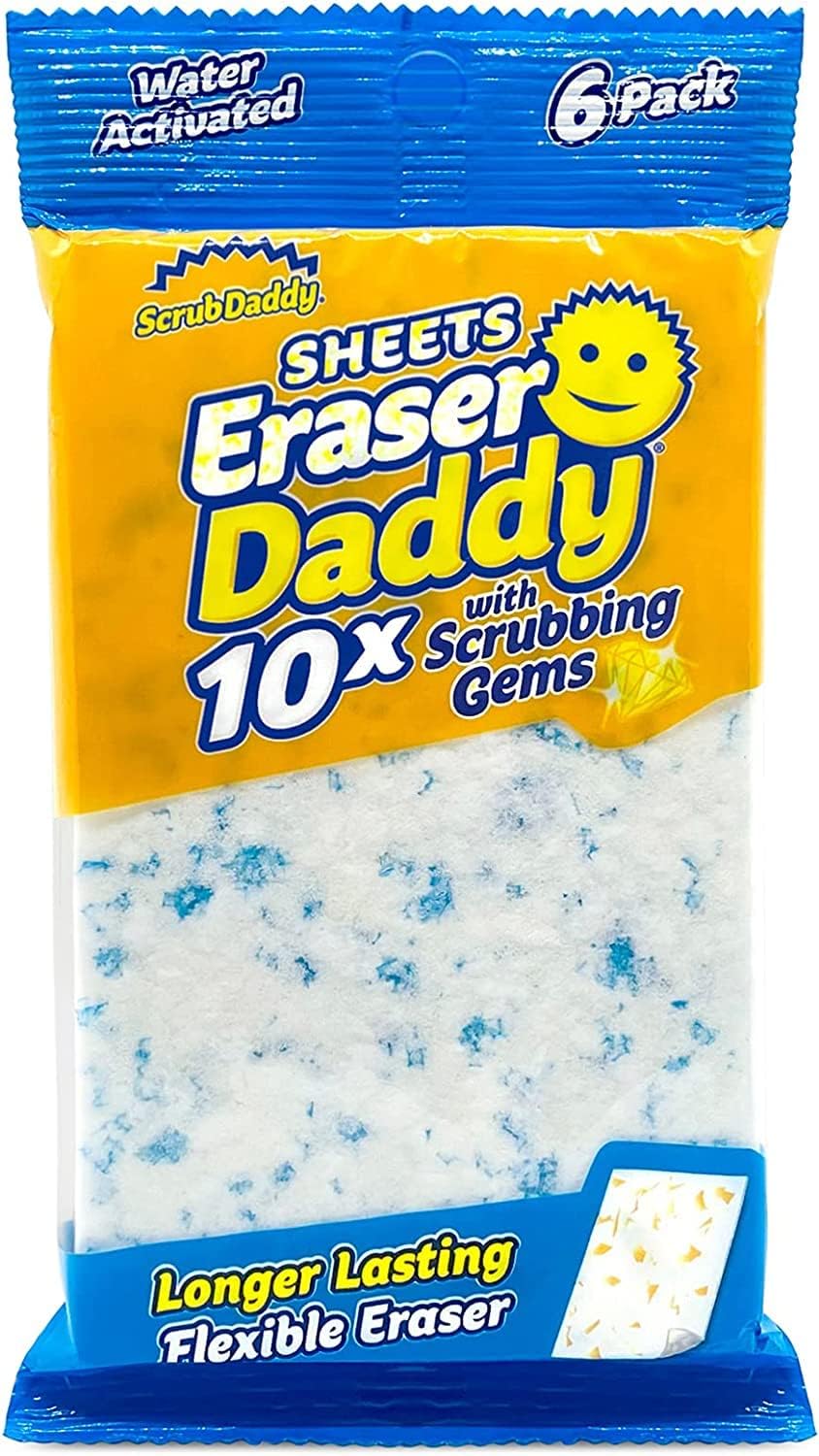 Scrub Daddy Eraser Daddy Sheets - 10x More Durable Than Traditional Erasers with Scrubbing Gems - Removes Dirt, Scuffs & Stains - Water-Activated (6 Pack)