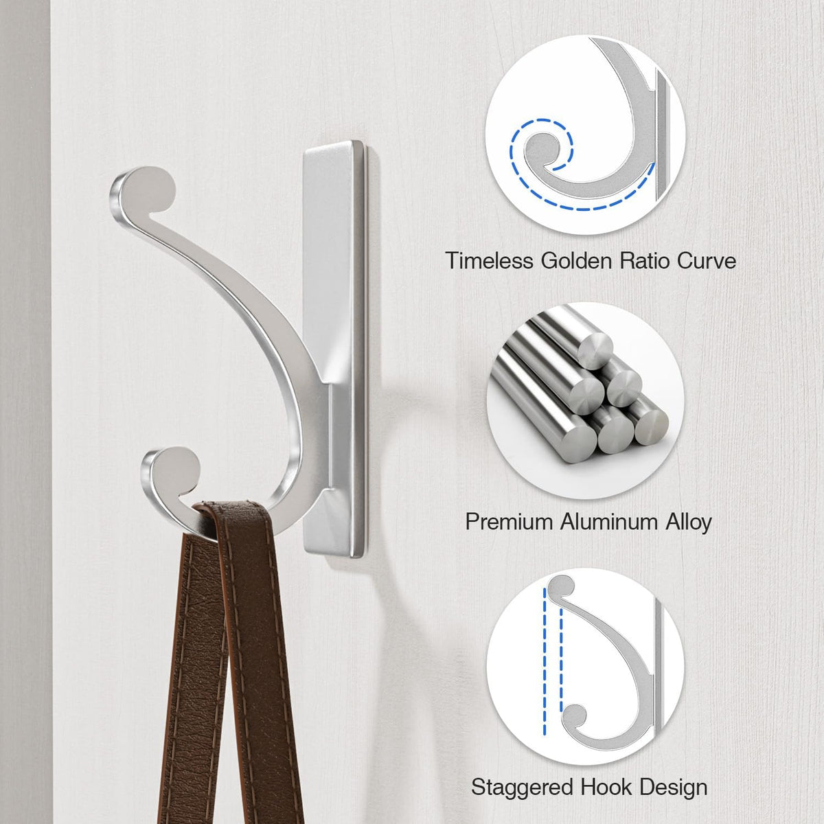 Adhesive Wall Hook for Towel/Coat - Extra Sticky 10LB Stainless, Stick on Hanger for Bath or Shower, Matt Silver 4-Pack
