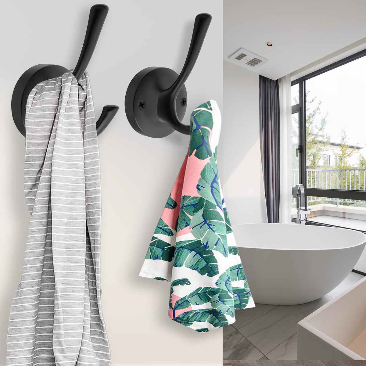 Black Towel Hooks for Wall, 5 Pack Coat Robe Hook Heavy Duty Metal Double Bath Hook Wall Mounted, Hat Hooks for Cubicle Bathroom Kitchen Closet Garage