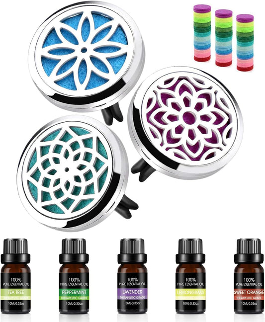 ttstar Car Diffuser Vent Clip - 30mm Aromatherapy Essential Oil, 3 Car Air Fresheners Vent Clips with 36 Refill Pads and 5 Essential Oils Gift for Women