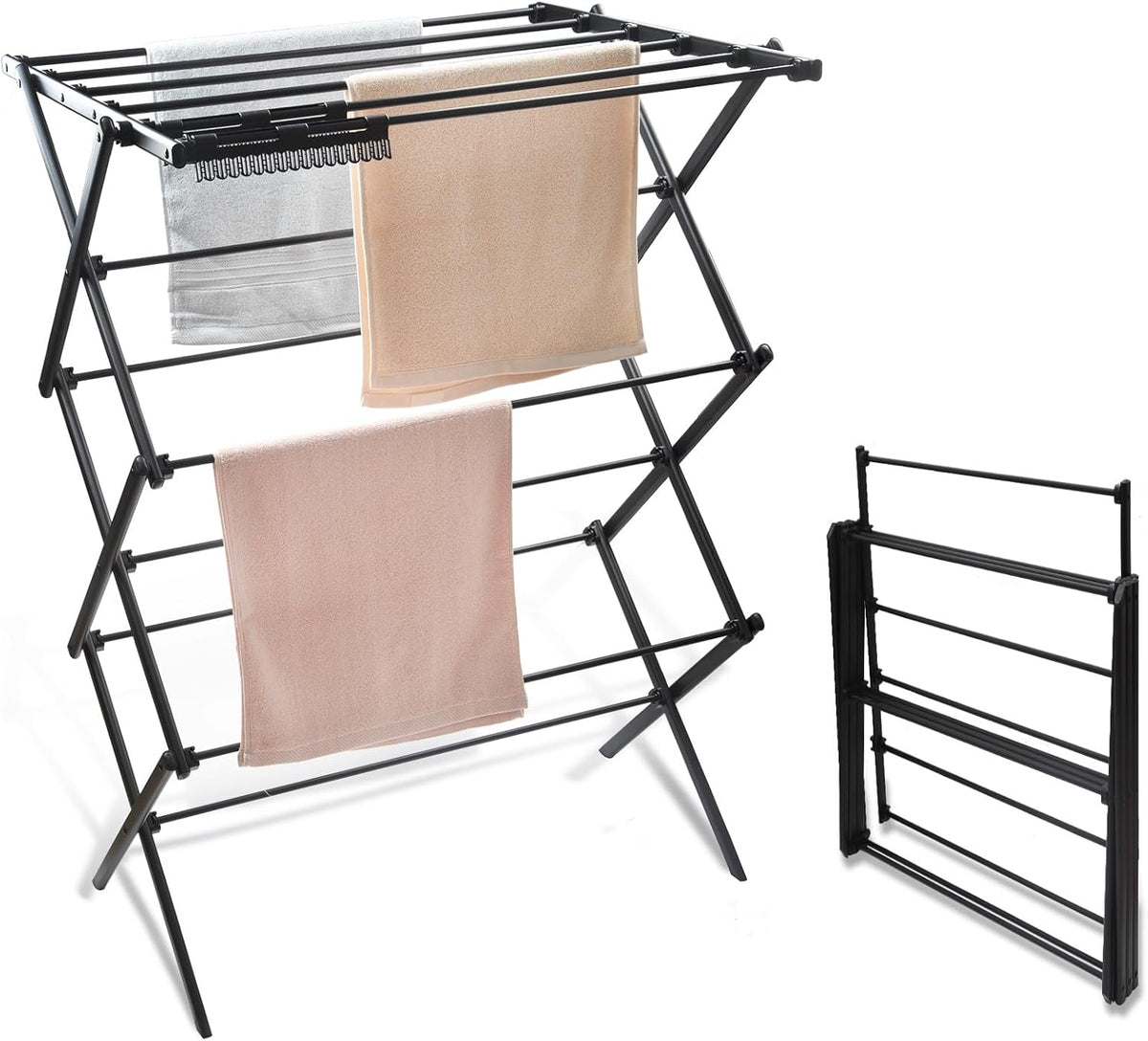 3 Tiers Foldable Clothes Drying Rack, Vertical Laundry Rack Portable and Collapsible for Storage Indoor Outdoor，Pure Black
