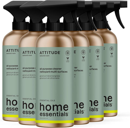ATTITUDE Multi-Purpose Cleaner with Essential Oils, EWG Verified, Plant and Mineral-Based Ingredients, Vegan Household Products, Refillable Bottle, Geranium and Lemongrass, 16 Fl Oz (Pack of 6)