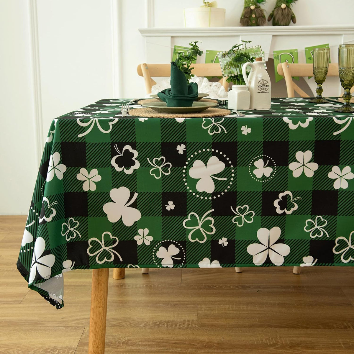Saint Patricks Day Classic Buffalo Shamrock Tablecloth Fabric - Oblong 58x144 Inch Water Proof Checkered Table Cloth for Indoor Outdoor - Irish-Themed Gifts Table Cover for Holiday, Party