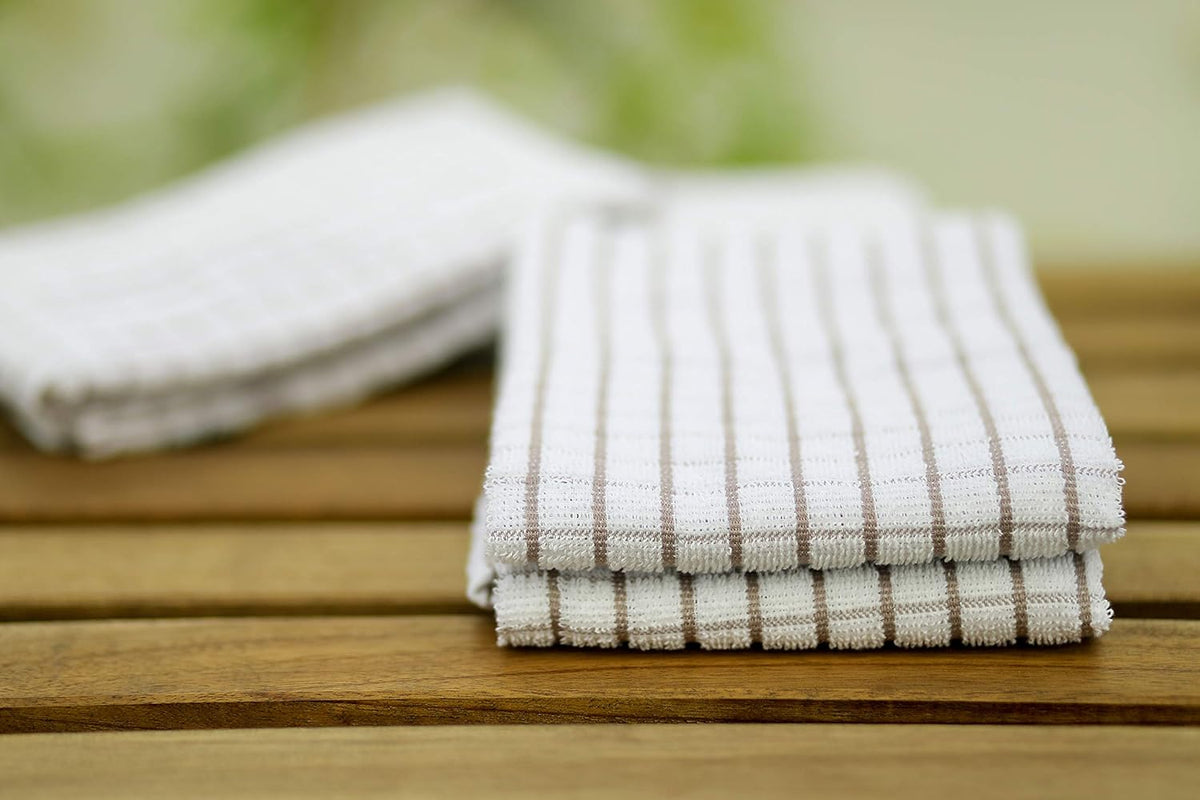 AMOUR INFINI Kitchen Towels Set of 4 - Highly Absorbent, Super Soft Terry Cotton 20x28 Inch Dish Towels with Hanging Loop - Hand & Tea Towels for Cleaning & Drying Dishes (Beige)