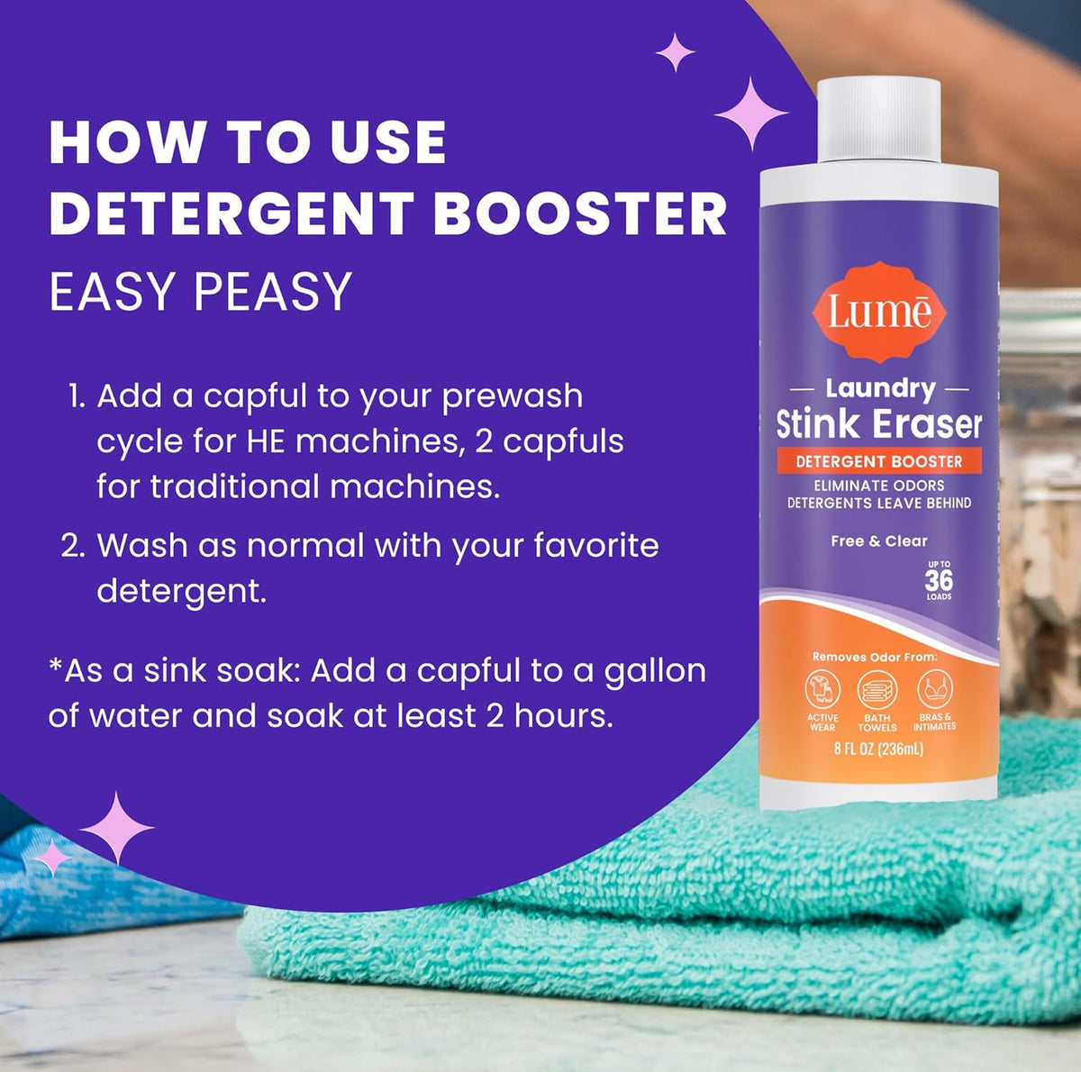 Lume Laundry Stink Eraser - Detergent Booster & Sink Soak - Eliminates Body Odor In Clothes - Odor Blasting Enzyme Blend - Makes Your Detergent Work Better - Free And Clear - 8 fluid ounces (2 Pack)
