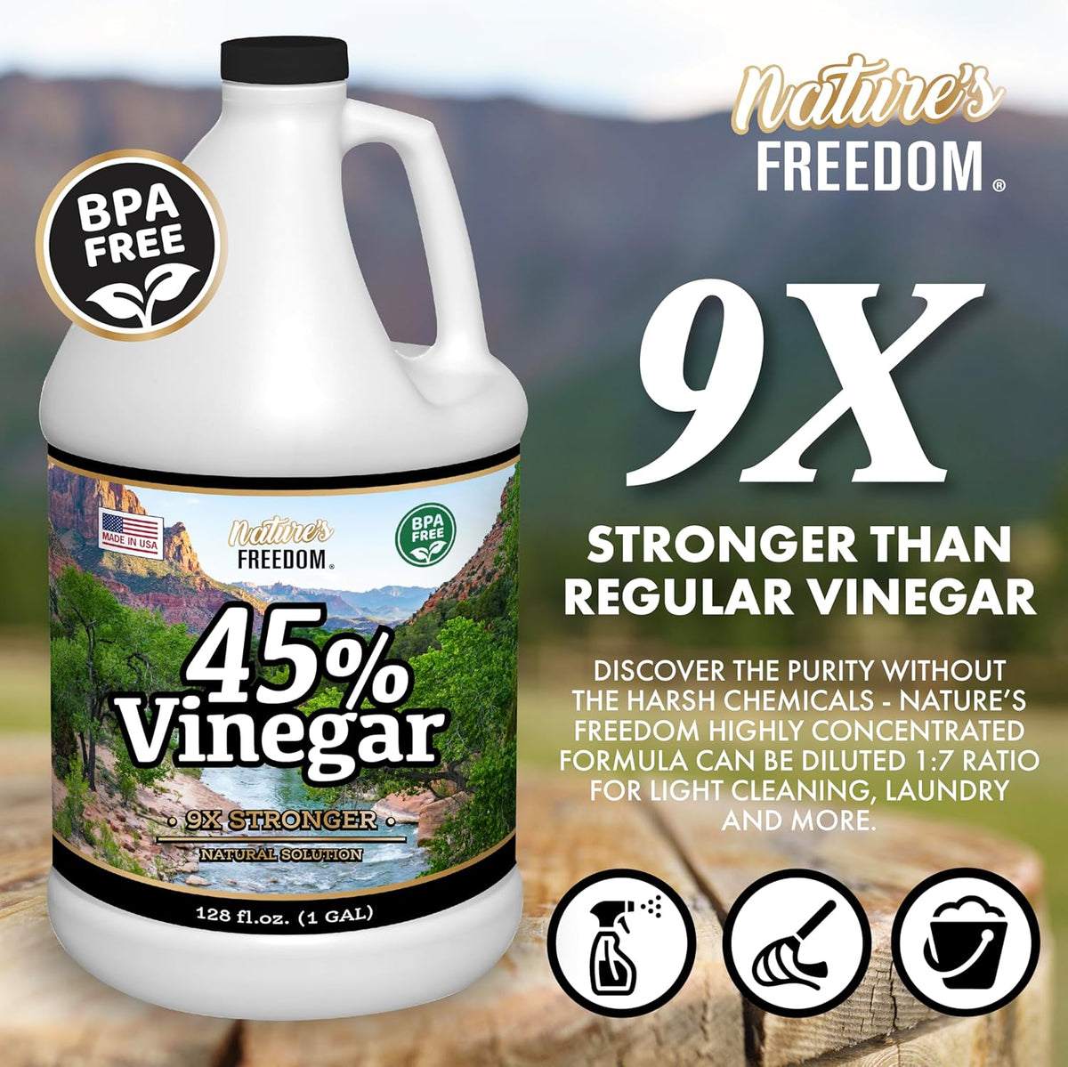 Nature's Freedom 45% Concentrated Vinegar with Funnel, 8 Gallons - Dilutes to 72 Gallons - 9x Strength Multi-Purpose Solution