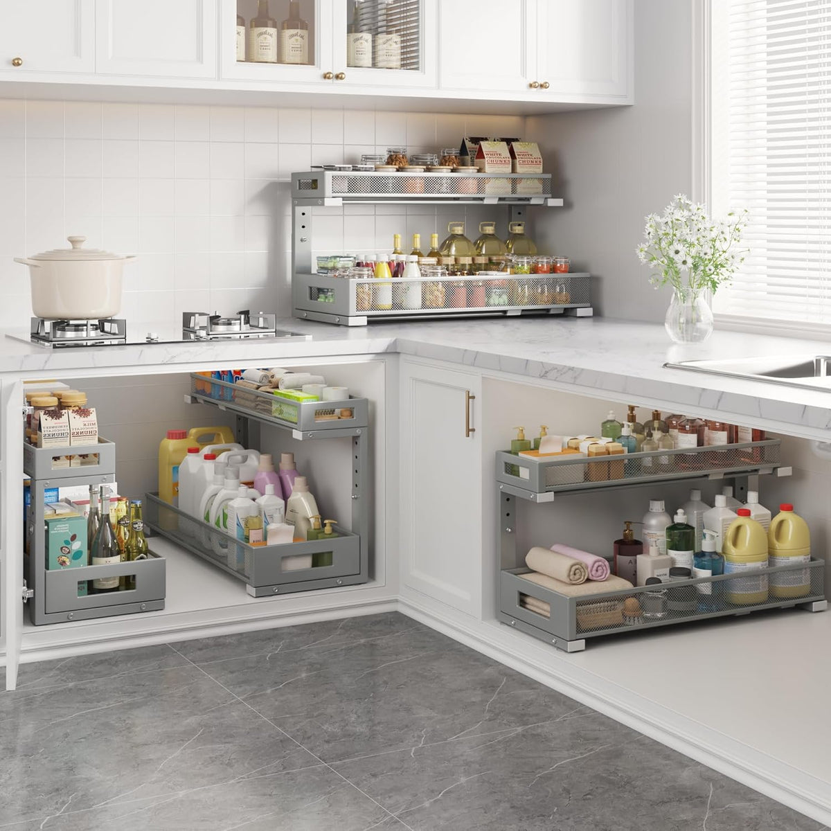 1 Pack 20.47IN Depth Under Sink Storage Organizer, Large 2-Tier Elegant Mesh Pull Out Shelf for Kitchen and Bathroom Cabinet Organization, L-Shaped and Adjustable Height Design-Gun Gray
