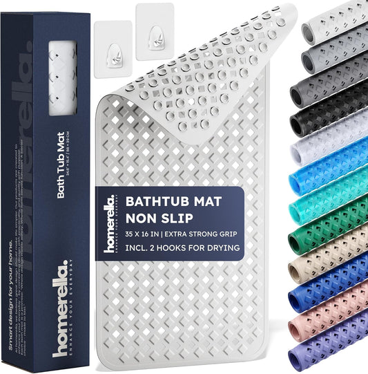 homerella® Bathtub Mat Non Slip 35x16, Incl. Hooks for Drying, Extra Long, 100% BPA Free, Shower Mat Non Slip Anti Mold, Machine Washable, Shower Mats for Inside Shower Mildew Resistant