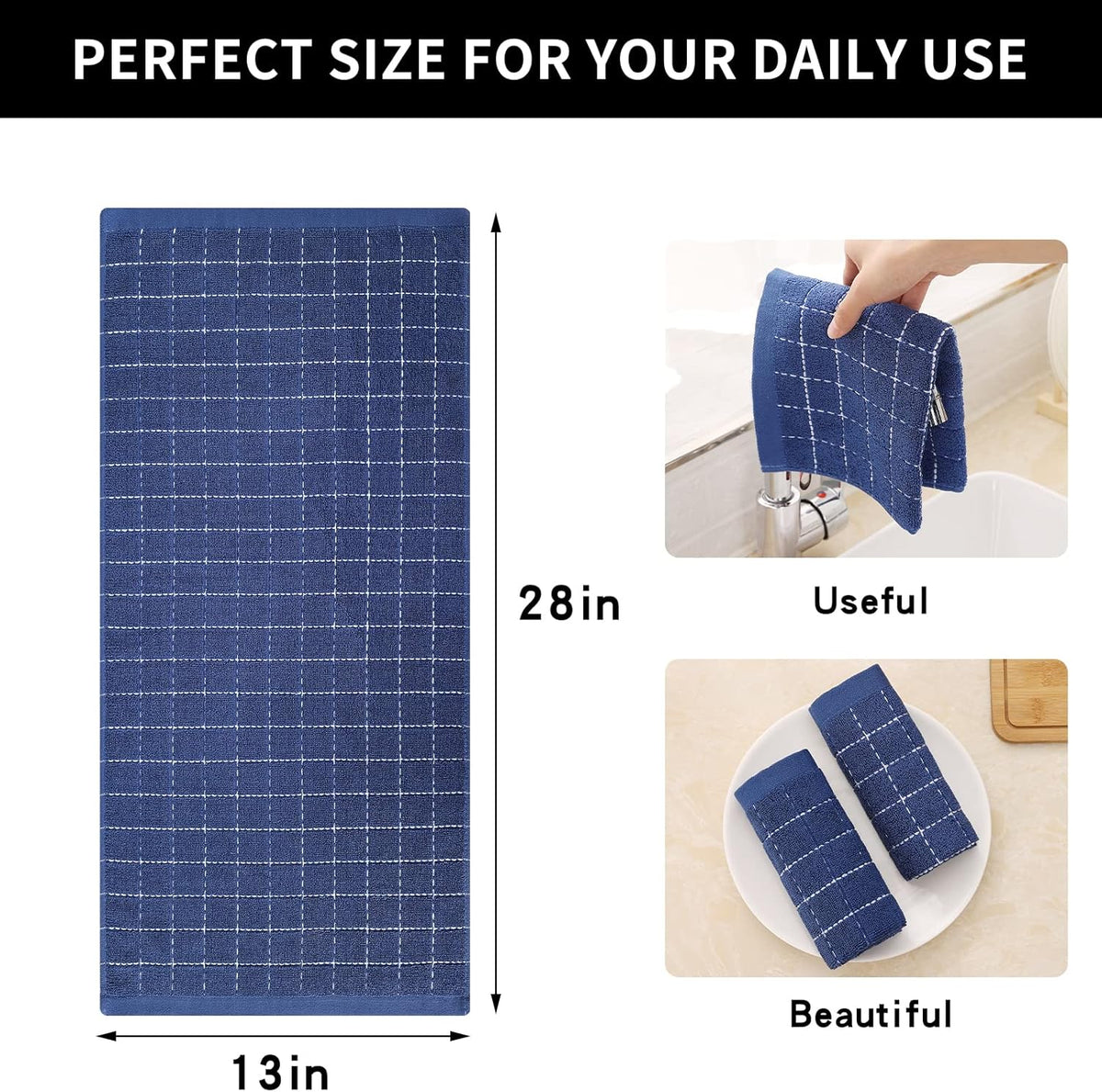 Homaxy 100% Cotton Terry Kitchen Towels(Navy Blue, 13 x 28 inches), Checkered Designed, Soft and Super Absorbent Dish Towels, 4 Pack
