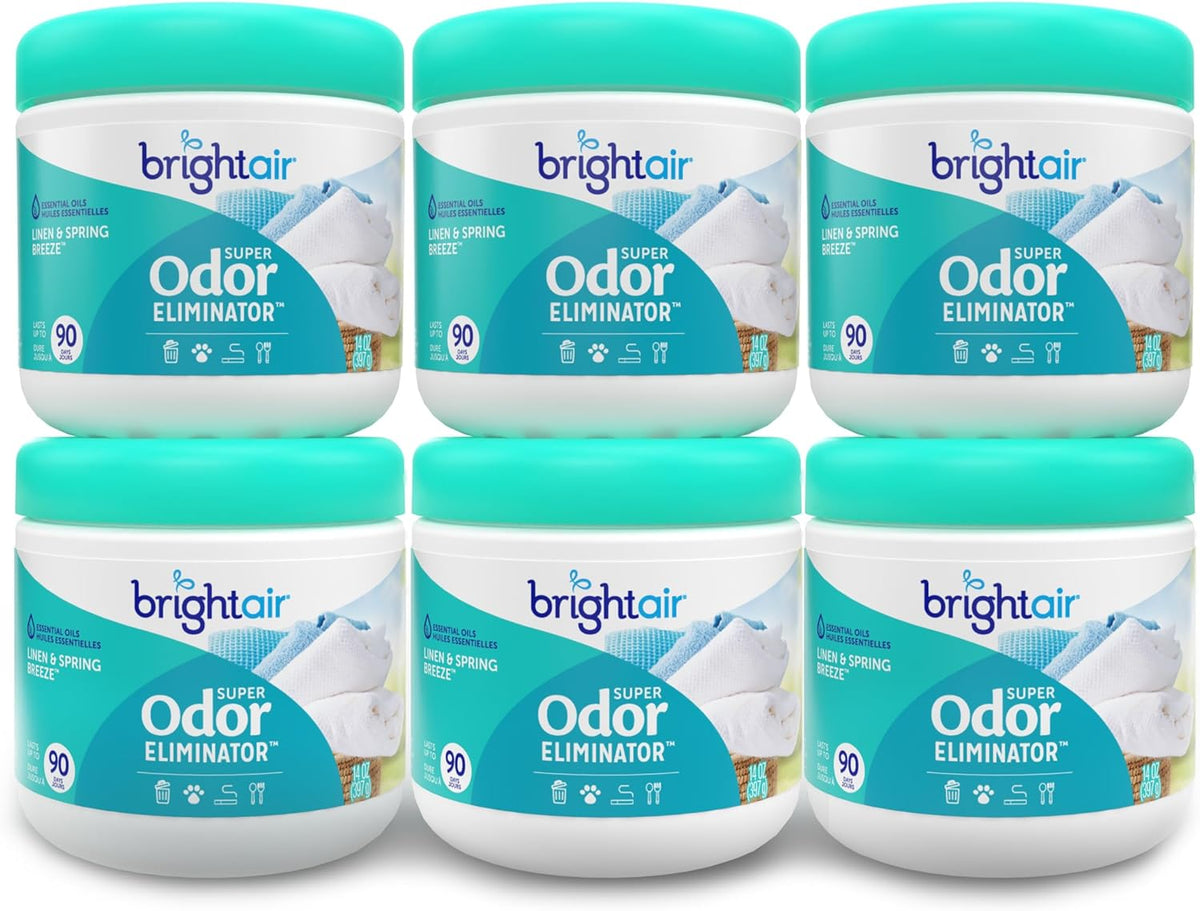 Bright Air 14 oz. Super Odor Eliminator, For Medium-Size Spaces, Linen & Spring Breeze Scent, Case of 6, Air Freshener, Natural Essential Oils, Lasts Up to 90 Days Each