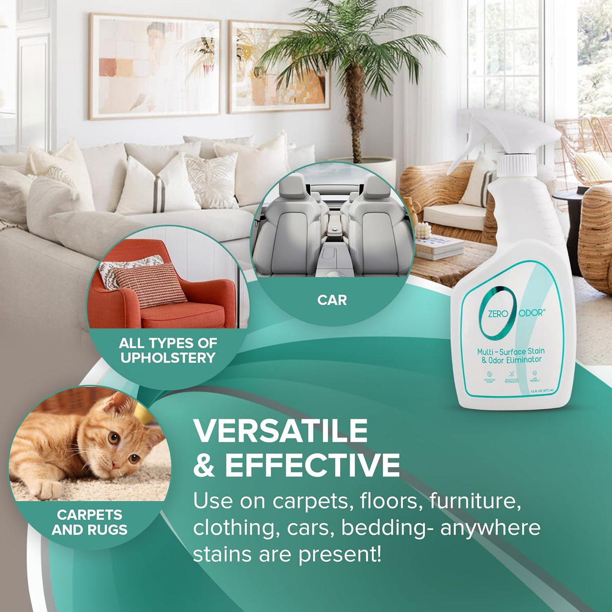 Zero Odor – Multi-Surface Stain Remover & Odor Eliminator - Remove Stains and Odor Patented Molecular Technology Best for Carpet, Rug, Linens, Furniture, Floors, 16oz