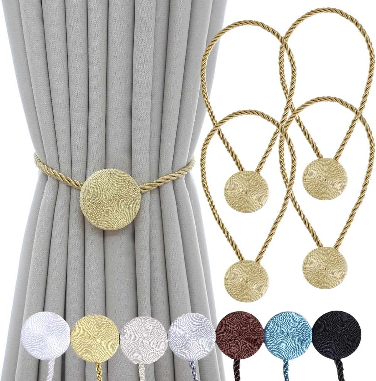 Magnetic Curtain Tiebacks - 12mm Magnetic Tie Backs for Curtains, Heavy Duty No Drill Curtain Holdbacks for Home/Office Windows Drapes, Elegant Gift-Ready Design 7 Colors (4, Gold)