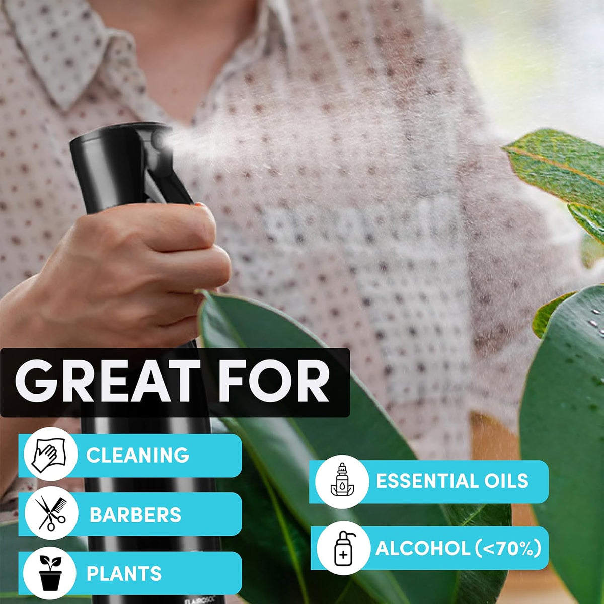 Hula Home Spray Bottle for Hair (20oz/590ml) - Powered by Flairosol® Spray Technology - Continuous Ultra Fine Mist Sprayer – For Hairstyling, Cleaning, Salons, Plants, Essential Oil & More - Black