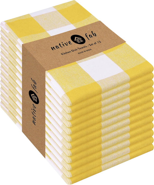 Native Fab Yellow Buffalo Dish Towel 16"x26", Set of 12 - Cotton Plaid Towels, Soft Absorbent Dishcloths with Hanging Loop, Kitchen Towels for Quick Drying - Yellow White