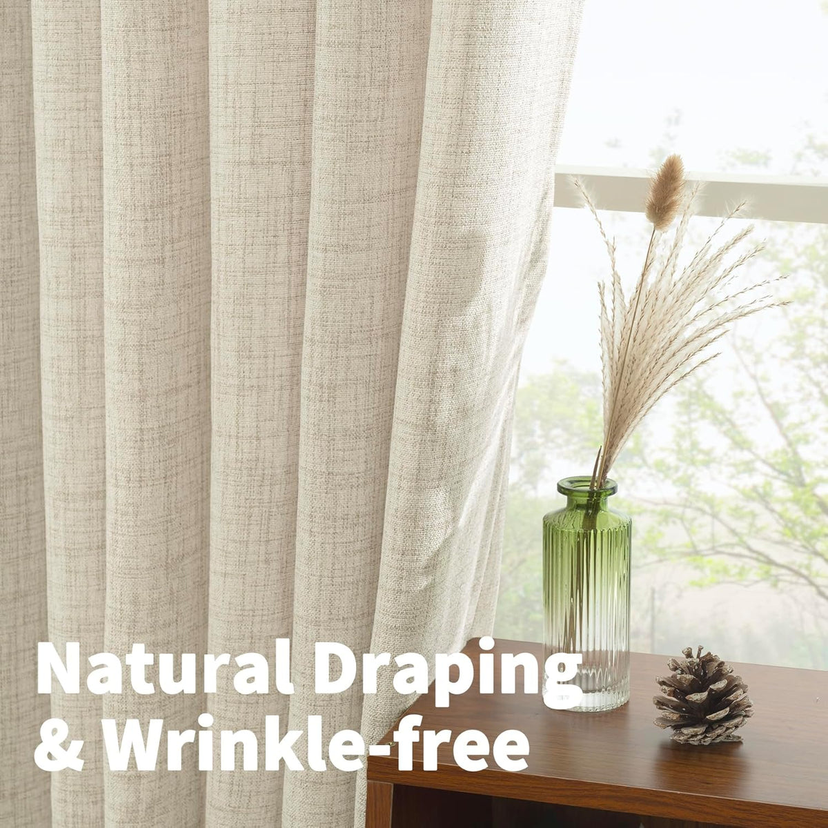 YoungsTex Linen Curtains 48 Inch Length for Kitchen, Semi Sheer Cream Window Drapes with Rod Pocket Back Tab Light Filtering Textured for Living Room Bedroom Bathroom, 2 Panels, 42 X 48 Inch
