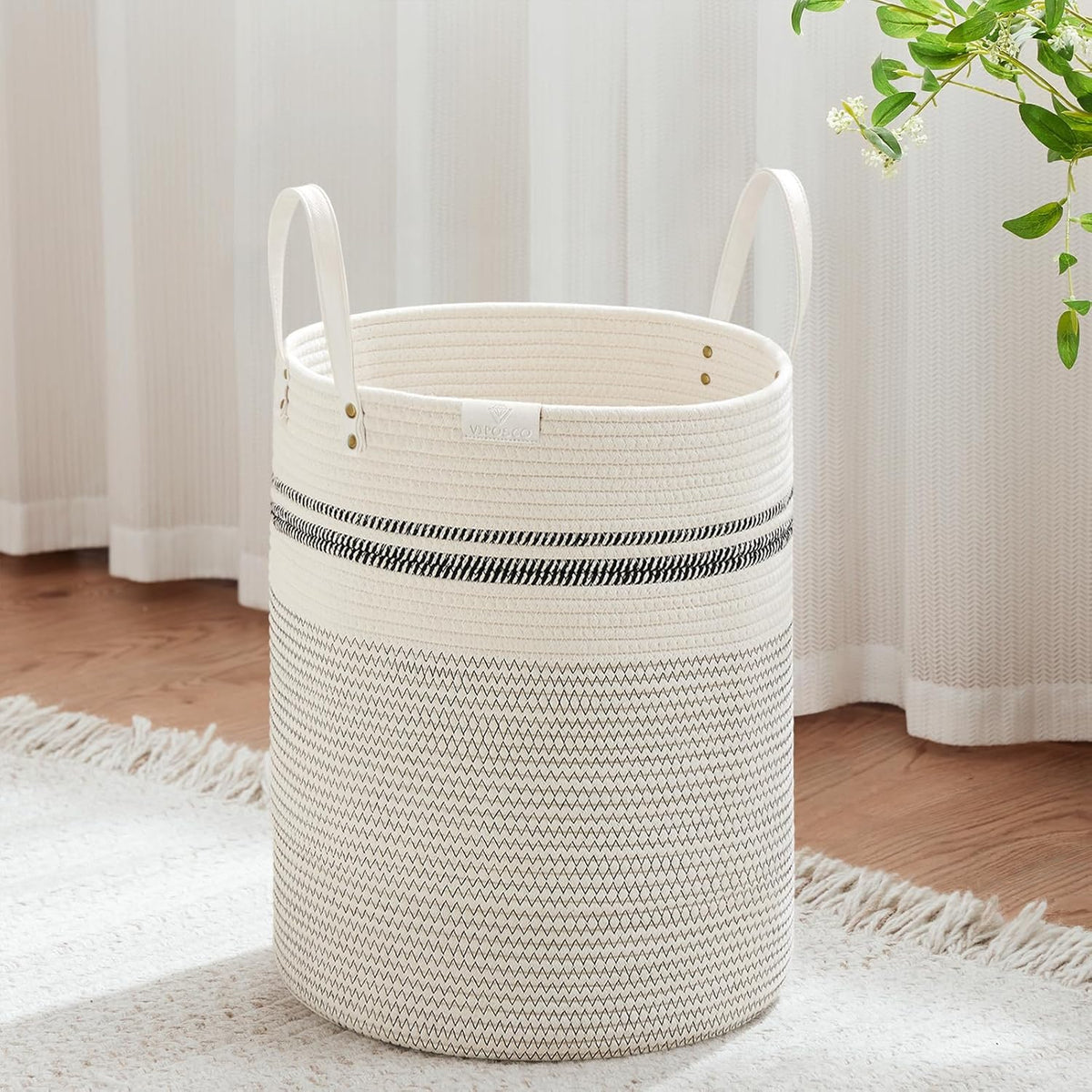VIPOSCO Tall Laundry Basket, Large Dirty Clothes Hamper with Leather Handle, Woven Rope Storage Basket for Blanket, Toy In Living Room, Bathroom, Bedroom - 53L Stripe White