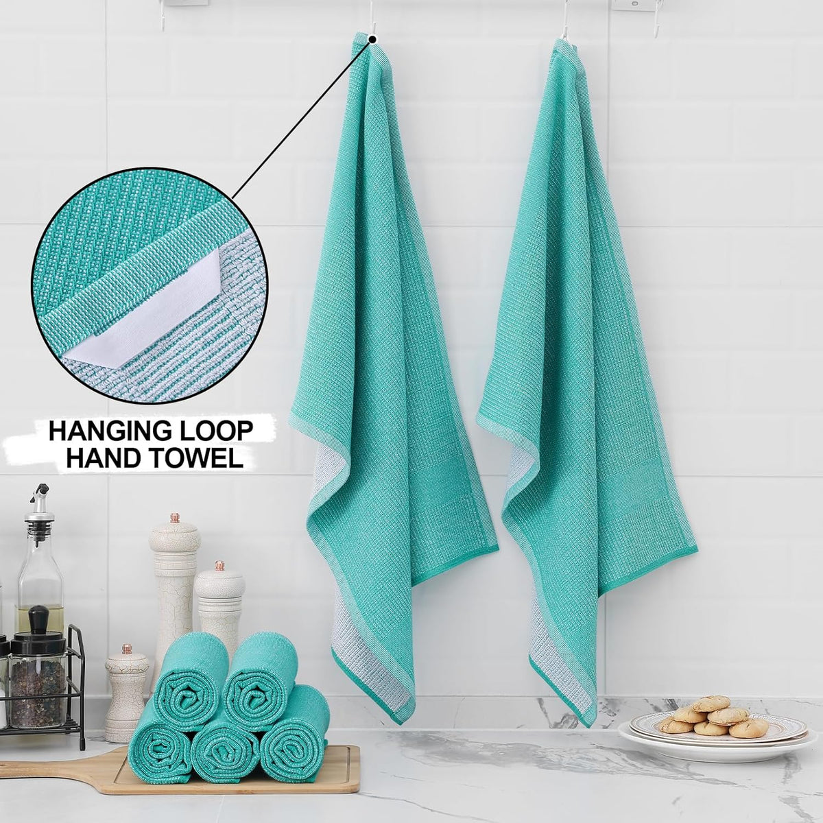 Homaxy Premium Kitchen Towels(18”x 28”, 8 Pack), Large Cotton Kitchen Hand Towels, Flat and Terry Dish Towels, 380 GSM Highly Absorbent Tea Towel Set with Hanging Loop, Teal