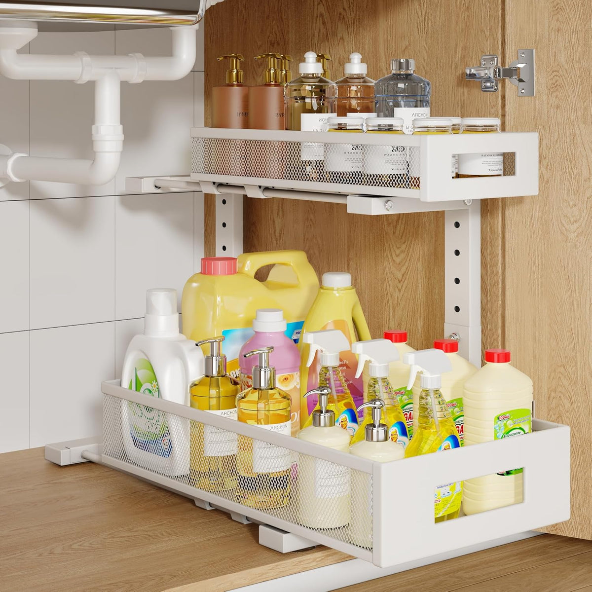 1 Pack 17IN Depth Under Sink Storage Organizer, Large 2-Tier Elegant Mesh Pull Out Shelf for Kitchen and Bathroom Cabinet Organization, L-Shaped and Adjustable Height Design-White