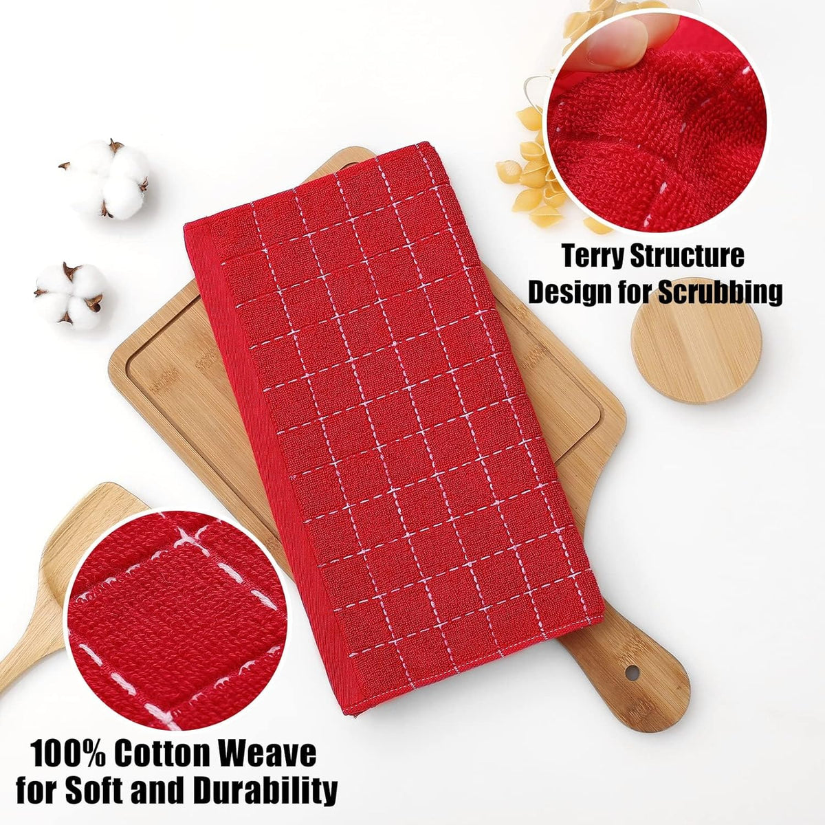 Homaxy 100% Cotton Terry Kitchen Dish Cloths, Ultra Soft and Absorbent Dish Towels for Kitchen, Suitable for Drying and Washing Dishes, 8 Pack, 12 x 12 Inches, Red