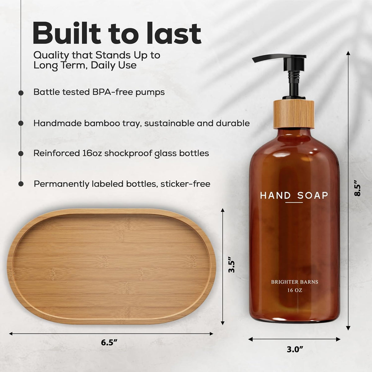 Amber Glass Hand and Dish Soap Dispenser Set by Brighter Barns - Kitchen Soap Dispenser Set with Tray - Bamboo Pump Bottles for Kitchen Sink - Modern Home Decor, Neutral Decor for Airbnb, Gift (Amber)