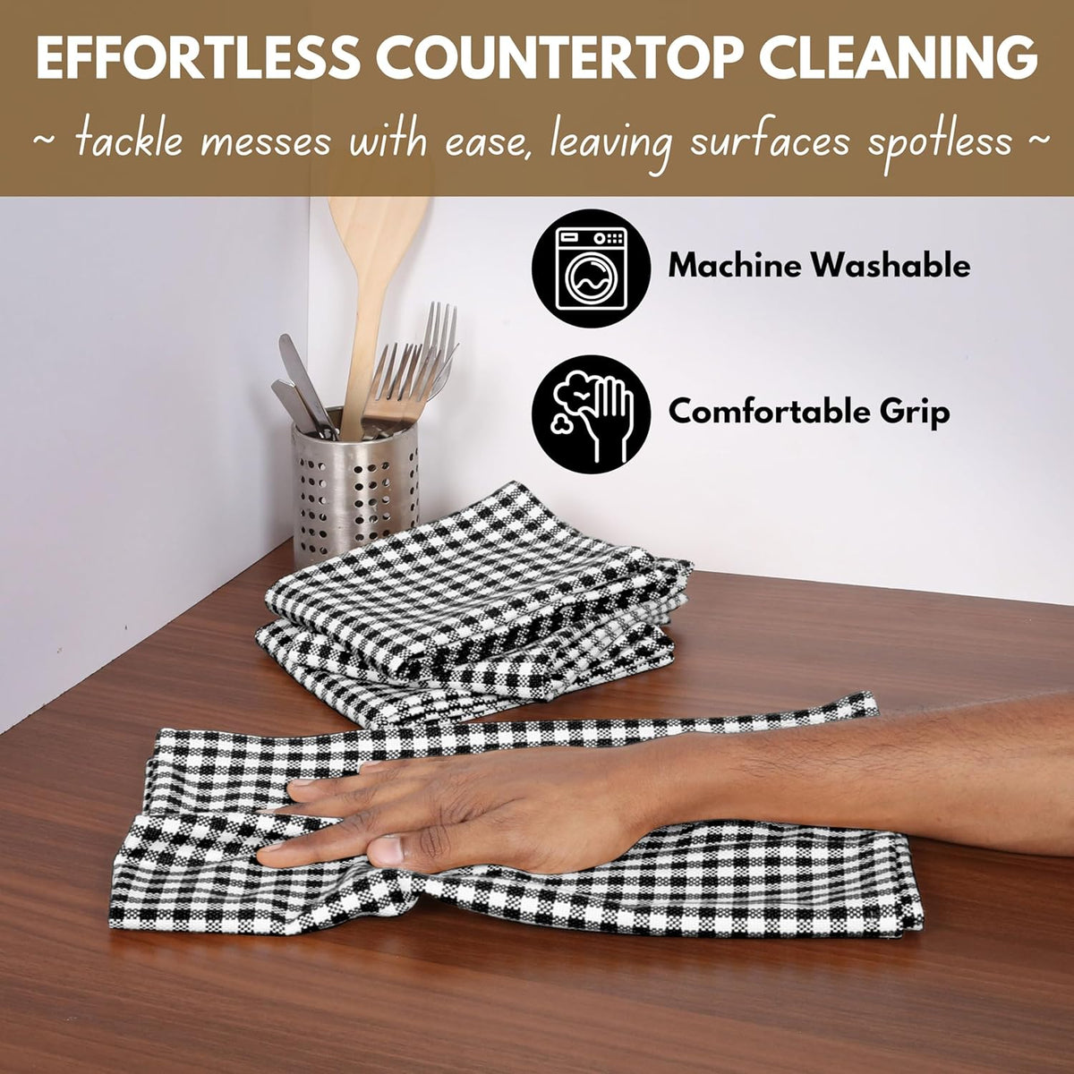 Native Fab Black Gingham Dish Towels 16"x26" Set of 12 - Cotton Mini Check Plaid Towels, Soft Absorbent Dishcloths with Hanging Loop, Kitchen Towel for Quick Drying - Black White