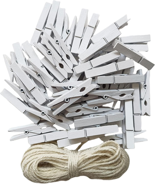 1.9 Inch White Small Clothes Pins Paper Picture School Work Holders Baby Shower Clothing Line Clips with Twine Pack 50