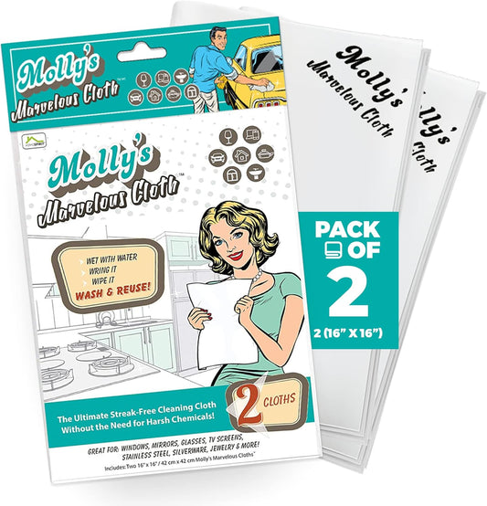 Molly's Marvelous Cloth, Streak-Free, Lint-Free Microfiber Cleaning Cloth, Polishing Cloth for Glass, Stainless Steel, Use for Kitchen, Bath, Cars, Detailing, Reusable(17" by 16") (2pk, White)